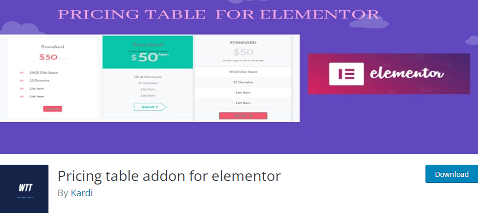 Pricing table addon for elementor