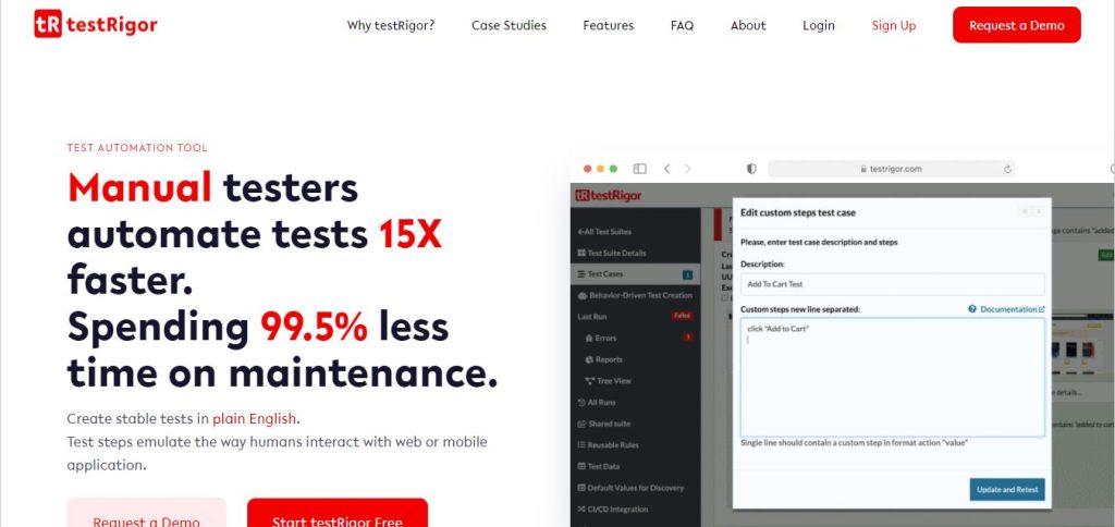 testRigor landing page