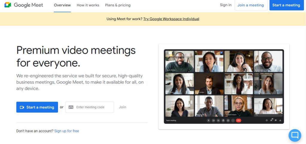 Google Meet landing page