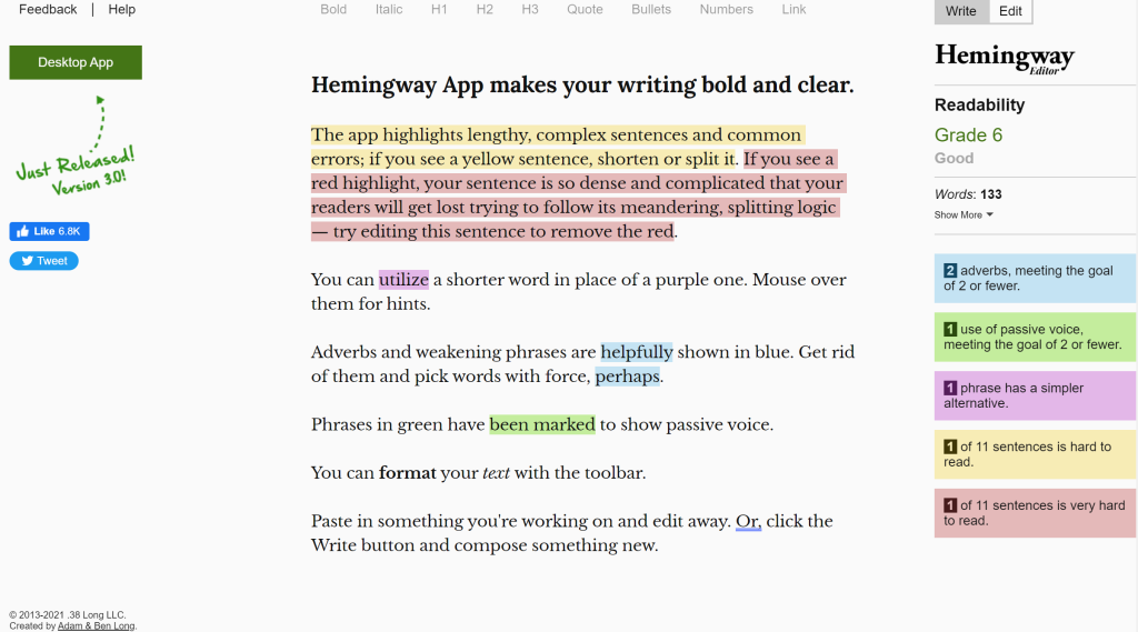 Hemingway app landing page